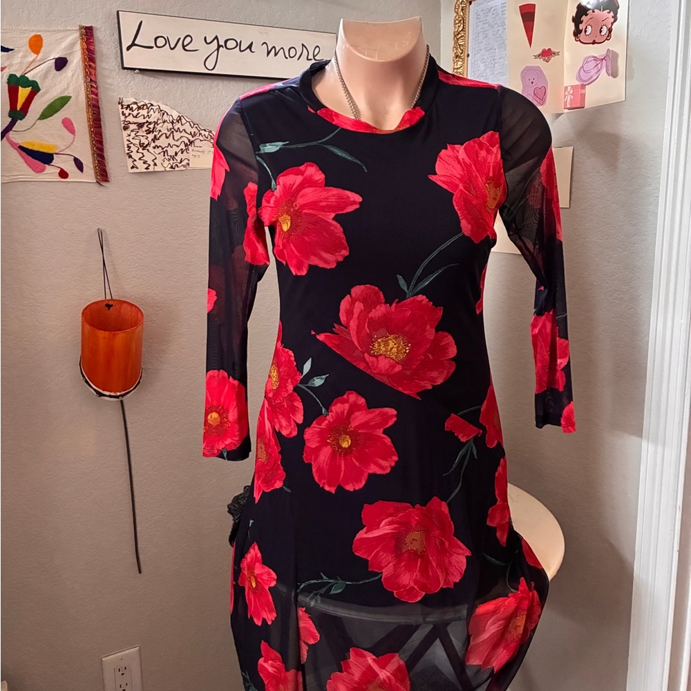 Enfocus Studio Black Mesh Midi Dress with Red Floral Print